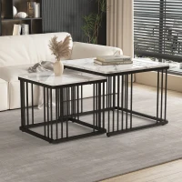 2 Piece High Gloss Coffee Table with Nesting Tables, Marble Side Table with Metal Frame, 60L x 60W x 45H cm, White+Black(m-8)