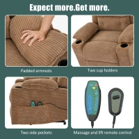 Remote Control Power Lift Massage Chair with Heat, Cup Holders, Upholstered Lounger Chair for Living Room, 95L x 73W x 102H cm, Light Brown(m-7)