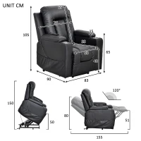Remote Control Leather Recliner Chair Sofa with Side Pockets, Cup Holders, Electric Recliner Armchair for Elderly, 83L x 90W x 105H cm, Black(m-3)