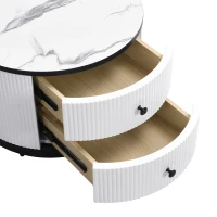 High Gloss Nesting Coffee Table with Marble Pattern Top, Storage Drawers, Modern Round Side Tables for Living Room, White+Black(m-10)
