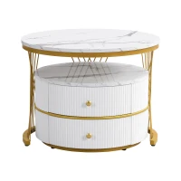 2 Piece High Gloss Round Nesting Coffee Table Set with Marble Top, Living Room Centre Tables with Storage Drawers, Gold+White(m-13)
