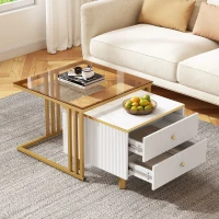 2 Piece Nesting Coffee Table with Marble Pattern and Modern Gold Design, Square Coffee Table with Drawer and Metal Frame, Gold+White(m-8)