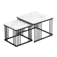 2 Piece High Gloss Coffee Table with Nesting Tables, Marble Side Table with Metal Frame, 60L x 60W x 45H cm, White+Black(m-12)