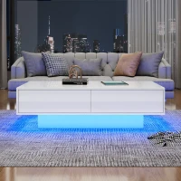 High Gloss LED Coffee Table with 2 Drawers and Bluetooth Control, Tea Table with Particle Board, 115L x 55W x 34H cm, White(m-1)