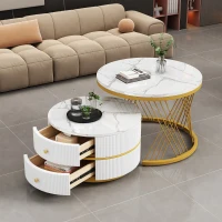 2 Piece High Gloss Round Nesting Coffee Table Set with Marble Top, Living Room Centre Tables with Storage Drawers, Gold+White(m-8)