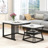 2 Pieces Multi-functional Coffee Tables with Metal Frame and Marble Pattern Top, Square End Tables for Living Room, 65L x 65W x 45H cm, White