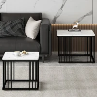 2 Piece High Gloss Coffee Table with Nesting Tables, Marble Side Table with Metal Frame, 60L x 60W x 45H cm, White+Black(m-9)