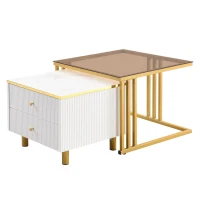 2 Piece Nesting Coffee Table with Marble Pattern and Modern Gold Design, Square Coffee Table with Drawer and Metal Frame, Gold+White(m-12)