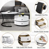 2 Piece High Gloss Nesting Table coffee with Marble-Effect Top, Modern Coffee Table with Storage Drawers, for Living Room, White+Black(m-6)