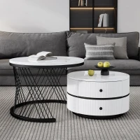 2 Piece High Gloss Nesting Table coffee with Marble-Effect Top, Modern Coffee Table with Storage Drawers, for Living Room, White+Black(m-1)