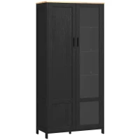 HOMCOM Dulap de Bucătărie cu 9 Rafturi Reglabile, cu Uși de Sticlă și Bază Înălțată din Lemn, 76x36x160 cm, Negru(m-10)