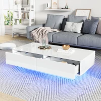 High Gloss LED Coffee Table with 2 Drawers and Bluetooth Control, Tea Table with Particle Board, 115L x 55W x 34H cm, White(m-8)