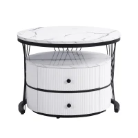 2 Piece High Gloss Nesting Table coffee with Marble-Effect Top, Modern Coffee Table with Storage Drawers, for Living Room, White+Black(m-13)