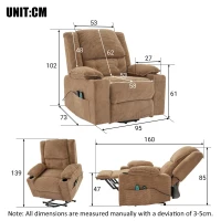 Remote Control Power Lift Massage Chair with Heat, Cup Holders, Upholstered Lounger Chair for Living Room, 95L x 73W x 102H cm, Light Brown(m-3)