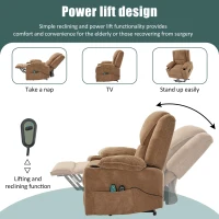 Remote Control Power Lift Massage Chair with Heat, Cup Holders, Upholstered Lounger Chair for Living Room, 95L x 73W x 102H cm, Light Brown(m-5)