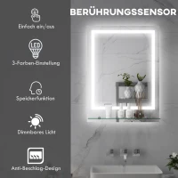 kleankin Badkamerspiegel met LED-Verlichting, 3 Lichtkleuren, Anti-Condensfunctie, Bekabeld, 70 x 50 cm(m-4)