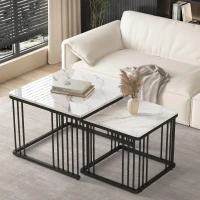 2 Piece High Gloss Coffee Table with Nesting Tables, Marble Side Table with Metal Frame, 60L x 60W x 45H cm, White+Black(m-1)