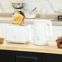 HOMCOM Stainless Steel Kettle and Toaster Set, 1.5L 3000W Fast Boil Kettle with Insulation & 2 Slice Toaster Kitchen Set with 7 Level Browning Controls, Defrost, Reheat and Crumb Tray, Cream White(m-2)