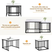 2 Piece High Gloss Coffee Table with Nesting Tables, Marble Side Table with Metal Frame, 60L x 60W x 45H cm, White+Black(m-7)