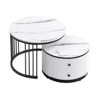 High Gloss Nesting Coffee Table with Marble Pattern Top, Storage Drawers, Modern Round Side Tables for Living Room, White+Black(m-12)