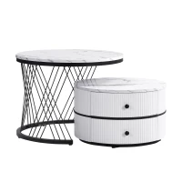 2 Piece High Gloss Nesting Table coffee with Marble-Effect Top, Modern Coffee Table with Storage Drawers, for Living Room, White+Black(m-2)