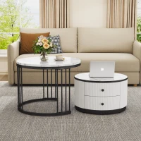 High Gloss Nesting Coffee Table with Marble Pattern Top, Storage Drawers, Modern Round Side Tables for Living Room, White+Black(m-1)