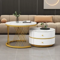 2 Piece High Gloss Round Nesting Coffee Table Set with Marble Top, Living Room Centre Tables with Storage Drawers, Gold+White(m-1)