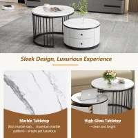High Gloss Nesting Coffee Table with Marble Pattern Top, Storage Drawers, Modern Round Side Tables for Living Room, White+Black(m-5)