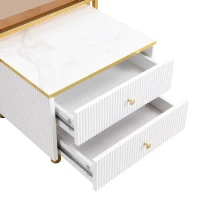 2 Piece Nesting Coffee Table with Marble Pattern and Modern Gold Design, Square Coffee Table with Drawer and Metal Frame, Gold+White(m-10)