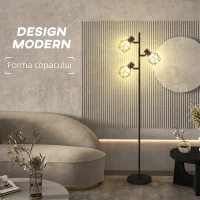 HOMCOM Lampă de Podea cu 3 Lumini Reglabile și Întrerupător cu Buton, Lampă Modernă din Metal, 41x28x169 cm, Negru(m-4)