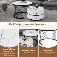 2 Piece High Gloss Nesting Table coffee with Marble-Effect Top, Modern Coffee Table with Storage Drawers, for Living Room, White+Black(m-5)