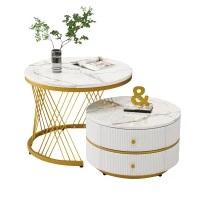 2 Piece High Gloss Round Nesting Coffee Table Set with Marble Top, Living Room Centre Tables with Storage Drawers, Gold+White(m-12)