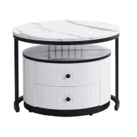 High Gloss Nesting Coffee Table with Marble Pattern Top, Storage Drawers, Modern Round Side Tables for Living Room, White+Black(m-13)