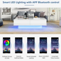 High Gloss LED Coffee Table with 2 Drawers and Bluetooth Control, Tea Table with Particle Board, 115L x 55W x 34H cm, White(m-5)