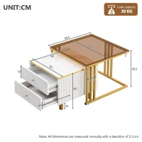 2 Piece Nesting Coffee Table with Marble Pattern and Modern Gold Design, Square Coffee Table with Drawer and Metal Frame, Gold+White(m-3)