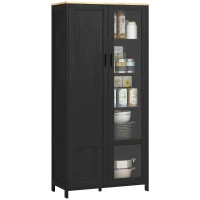 HOMCOM Dulap de Bucătărie cu 9 Rafturi Reglabile, cu Uși de Sticlă și Bază Înălțată din Lemn, 76x36x160 cm, Negru(m-1)
