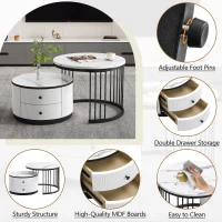 High Gloss Nesting Coffee Table with Marble Pattern Top, Storage Drawers, Modern Round Side Tables for Living Room, White+Black(m-6)