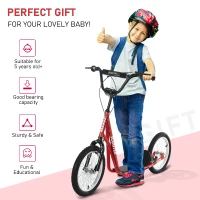 HOMCOM Youth Kids Kick Scooter Adjustable Handlebar Teens Ride On Toy For 5+ w/ Front and Rear Dual Brakes Inflatable Wheels-Red(m-5)
