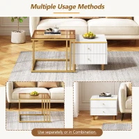 2 Piece Nesting Coffee Table with Marble Pattern and Modern Gold Design, Square Coffee Table with Drawer and Metal Frame, Gold+White(m-4)