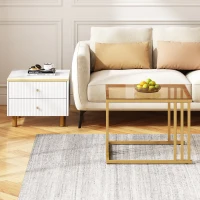 2 Piece Nesting Coffee Table with Marble Pattern and Modern Gold Design, Square Coffee Table with Drawer and Metal Frame, Gold+White(m-9)