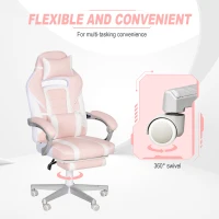 HOMCOM Faux Leather Reclining Gaming Chair, with Footrest - Pink/White(m-6)