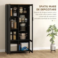 HOMCOM Dulap de Bucătărie cu 9 Rafturi Reglabile, cu Uși de Sticlă și Bază Înălțată din Lemn, 76x36x160 cm, Negru(m-4)