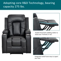 Remote Control Leather Recliner Chair Sofa with Side Pockets, Cup Holders, Electric Recliner Armchair for Elderly, 83L x 90W x 105H cm, Black(m-4)