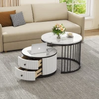 High Gloss Nesting Coffee Table with Marble Pattern Top, Storage Drawers, Modern Round Side Tables for Living Room, White+Black(m-8)