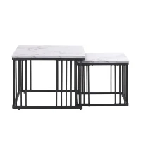 2 Piece High Gloss Coffee Table with Nesting Tables, Marble Side Table with Metal Frame, 60L x 60W x 45H cm, White+Black(m-2)