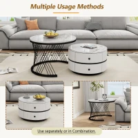 2 Piece High Gloss Nesting Table coffee with Marble-Effect Top, Modern Coffee Table with Storage Drawers, for Living Room, White+Black(m-4)