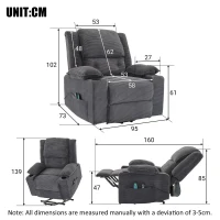 Electric Upholstered Power Lift Massage Chair with Heat, Cup Holders, Remote Control Office Recliner Armchair, 95L x 73W x 102H cm, Grey(m-3)