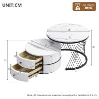 2 Piece High Gloss Nesting Table coffee with Marble-Effect Top, Modern Coffee Table with Storage Drawers, for Living Room, White+Black(m-3)