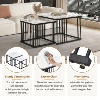 2 Piece High Gloss Coffee Table with Nesting Tables, Marble Side Table with Metal Frame, 60L x 60W x 45H cm, White+Black(m-5)