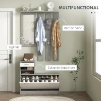 HOMCOM Mobilier pentru Hol cu Raft pentru Încălțăminte, Oglindă, 6 Cârlige, 2 Rafturi și Sertare, 90x24x177 cm, Gri(m-4)